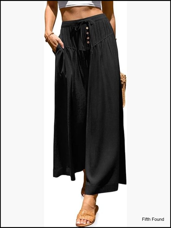 Pants - Wide Leg Linen Palazzo Pants High Waisted Drawstring Casual Lounge Travel